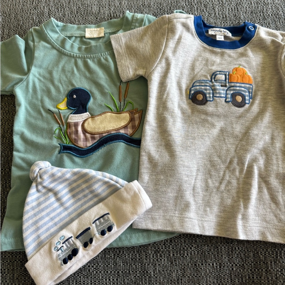 southern boutique baby boy bundle- infant embroidered hat & two appliqué shirts